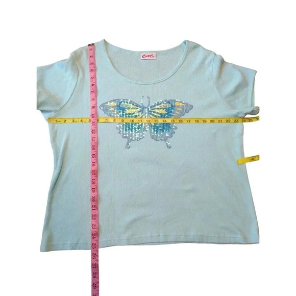 Vintage Curve Woman Blue Ribbed Sequin Butterfly Tee 2X - Picture 4 of 11